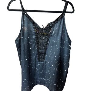 Y2K Black Speckled Cami Celestial Goth Top with Lace Detail Large